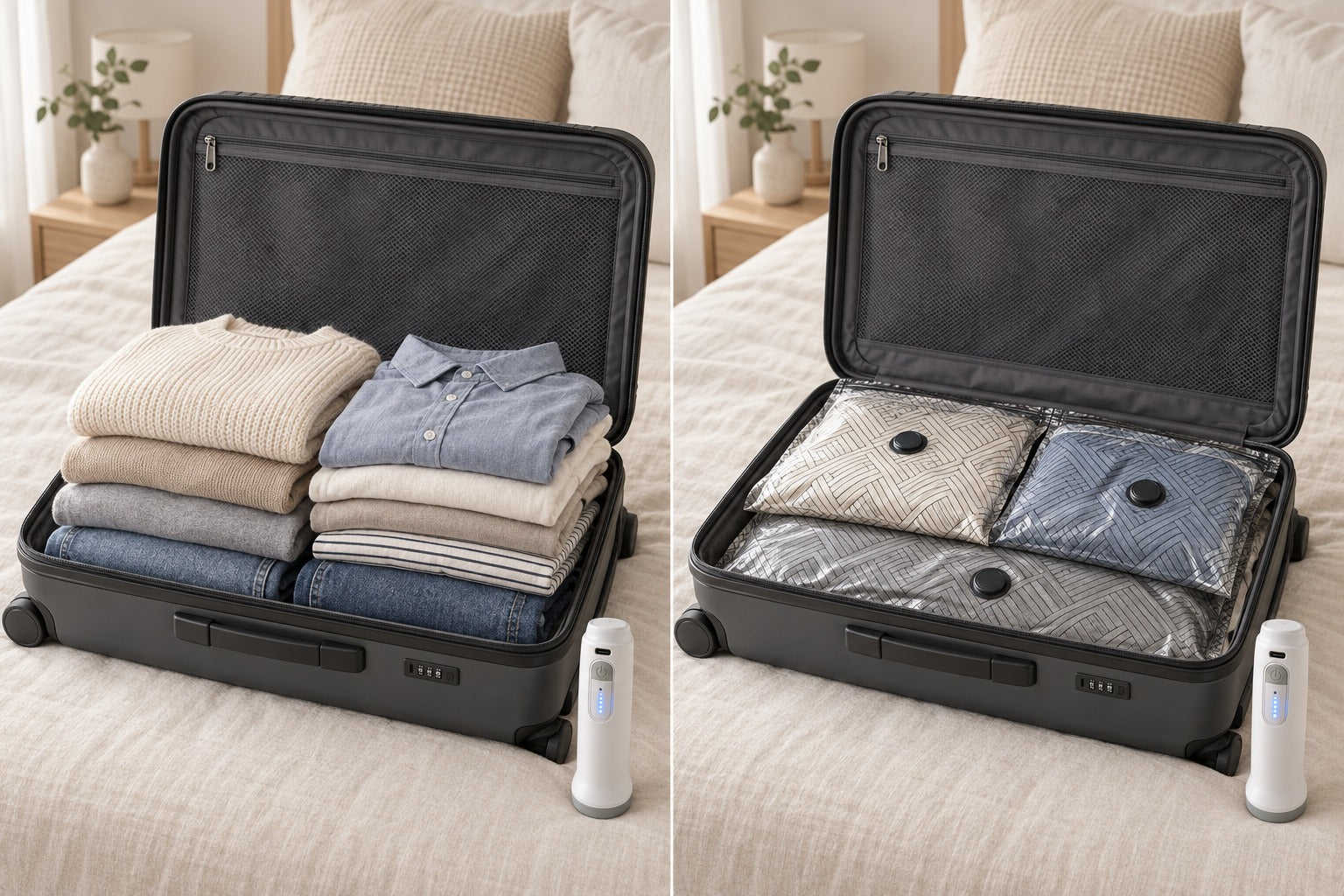 Folded clothes stacked above the rim of an open carry-on suitcase