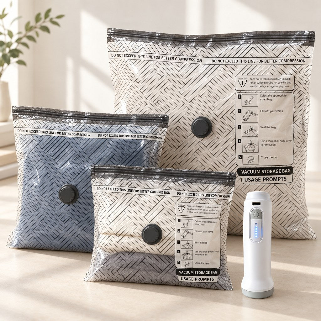 Rechargeable pump and patterned vacuum bags