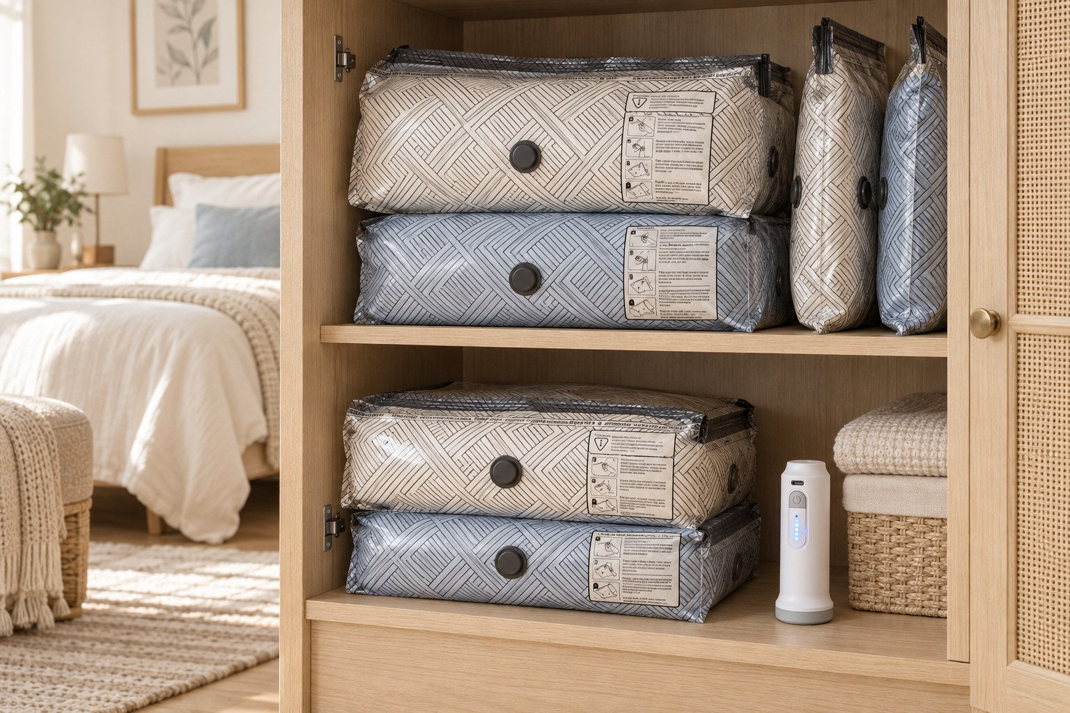Patterned bags storing bedding