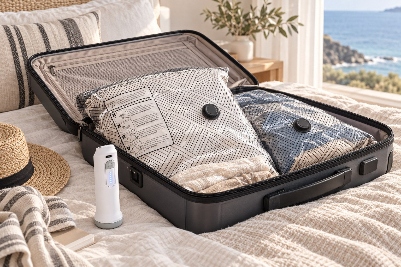 Patterned vacuum bags packed in a suitcase